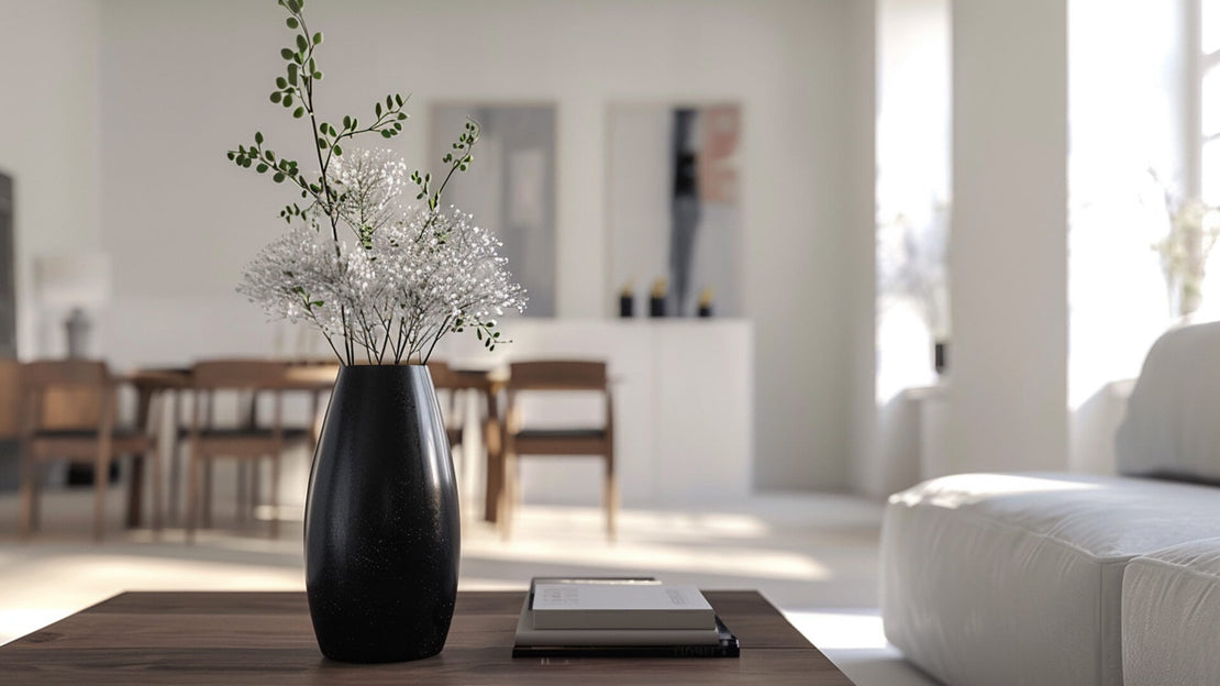 Een moderne zwarte vaas met veldbloemen op een koffietafel